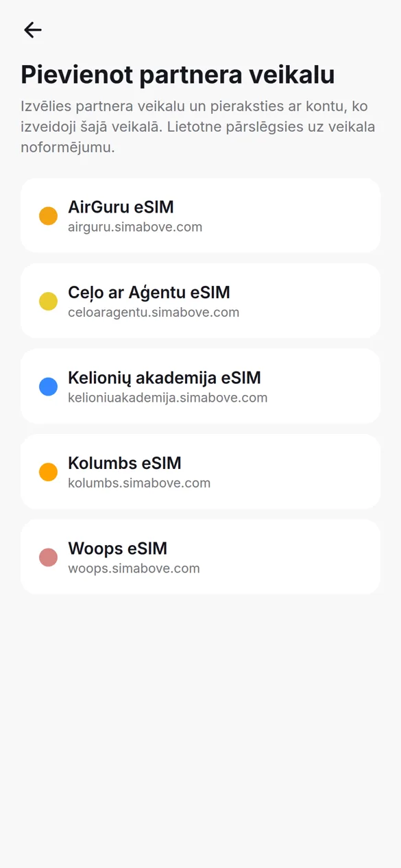 Partneru veikalu saraksts lietotnē