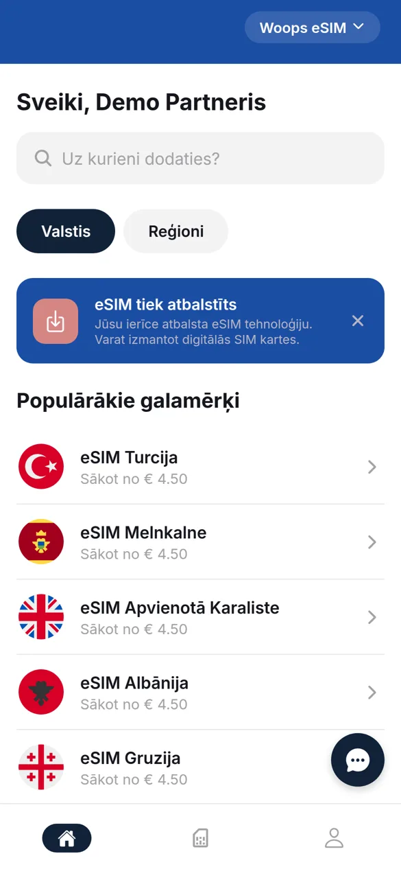 Lietotne partnera veikala Woops eSIM režīmā