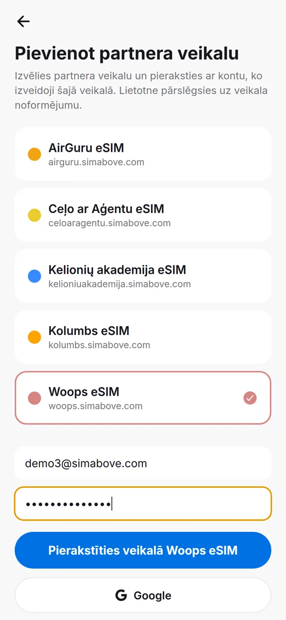 Pieteikšanās partnera veikala kontā lietotnē