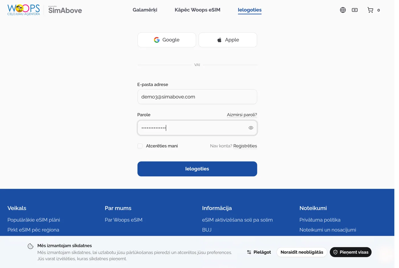 Partnera veikala Woops eSIM pieteikšanās lapa